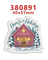 A die-cut sticker featuring a rustic wooden house with festive decorations and evergreen trees.