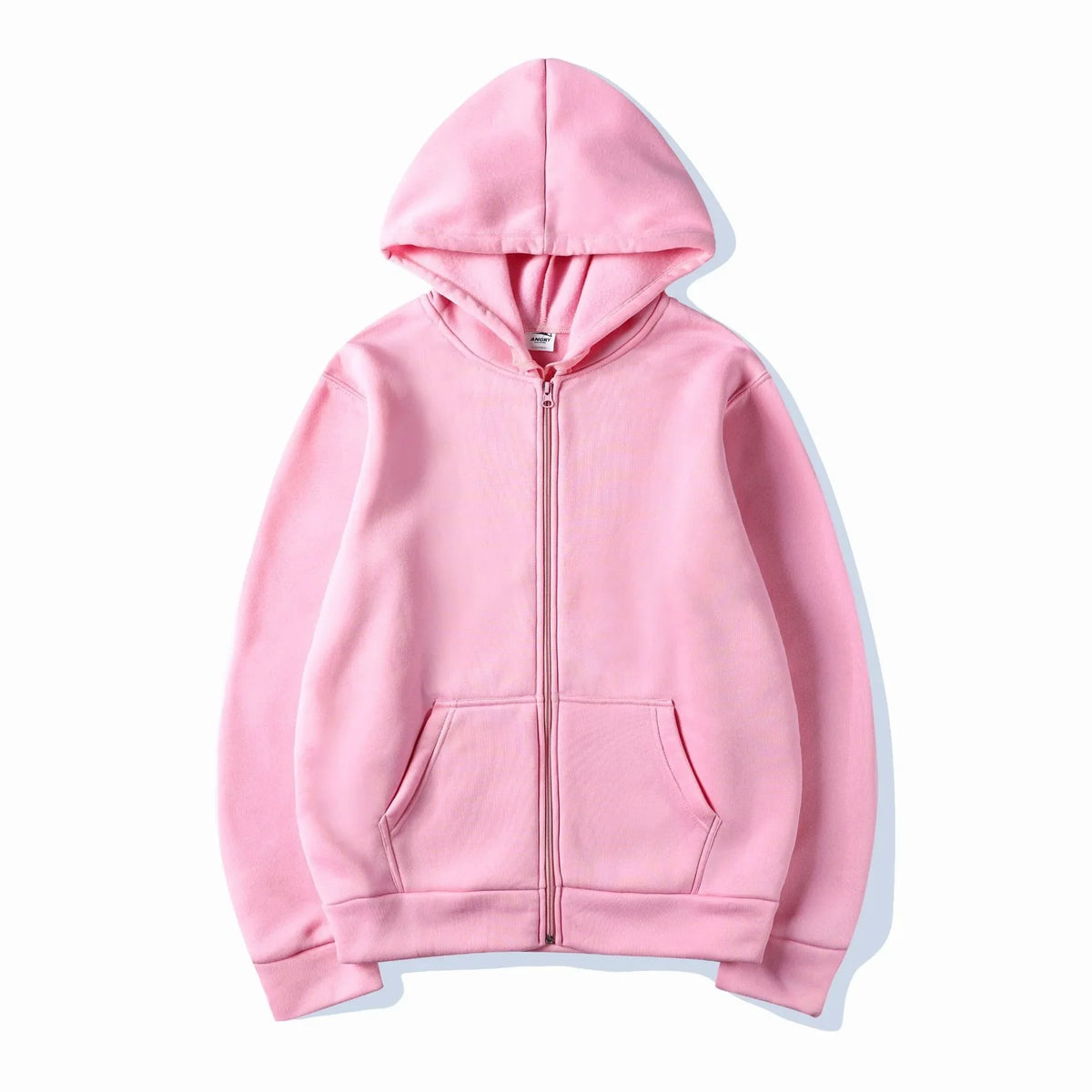 A pink oversized zip-up hoodie with a hood and front pocket shown against a white background.