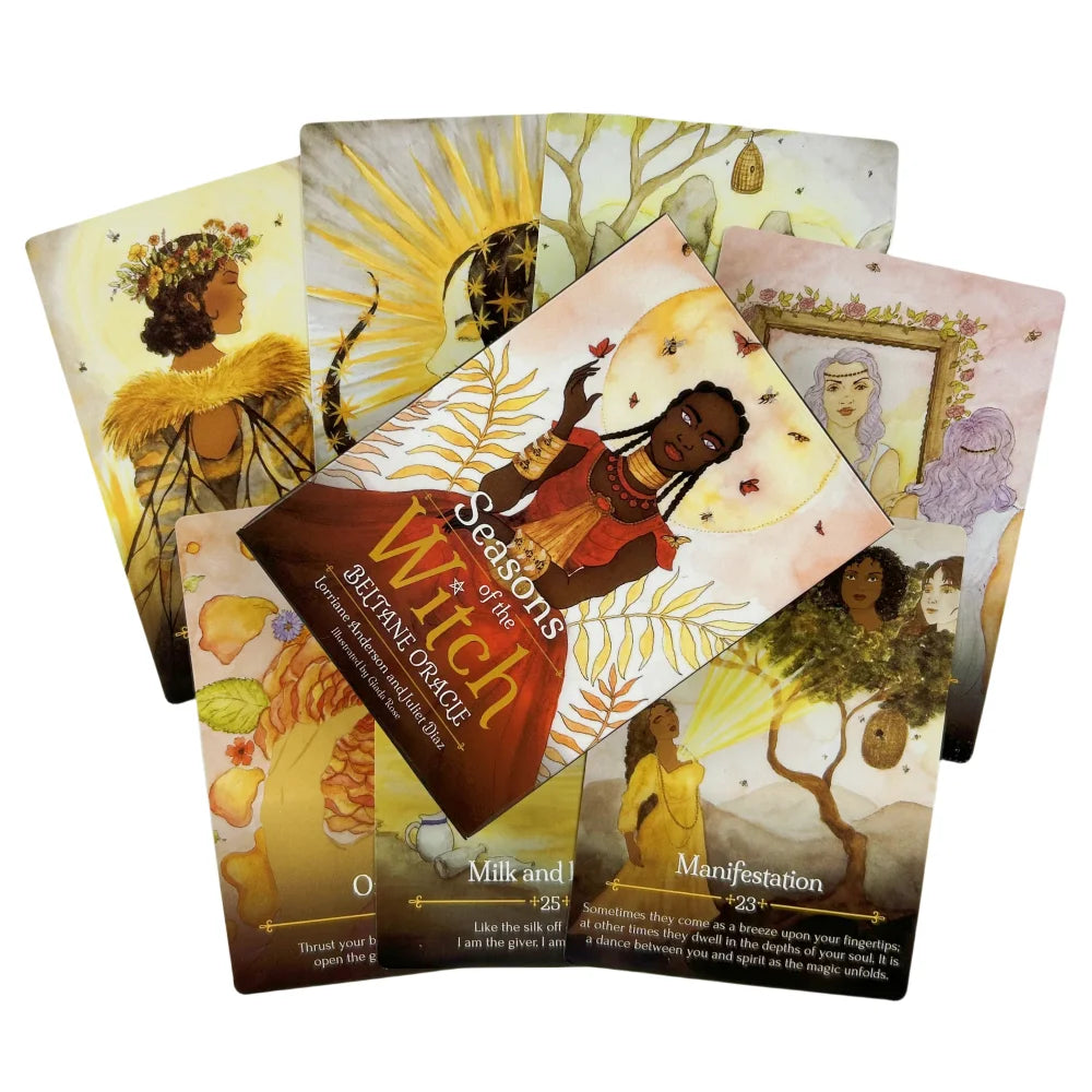A stack of tarot divination cards featuring seasonal witch imagery and illustrations.