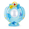 A blue inflatable baby swim ring with a yellow steering wheel and friendly animal figures.