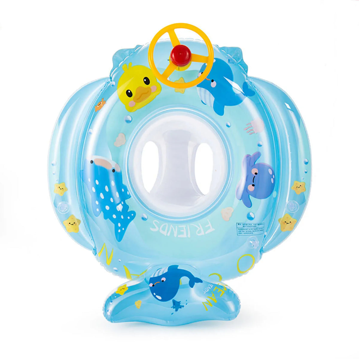 A blue inflatable baby swim ring with a yellow steering wheel and friendly animal figures.