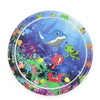 A circular baby water play mat featuring colorful sea creatures and learning activities for infants.