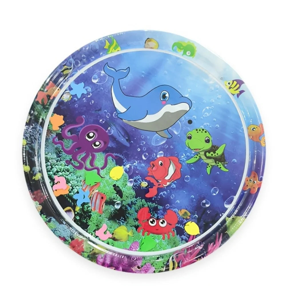 A circular baby water play mat featuring colorful sea creatures and learning activities for infants.