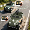 A green 1:64 scale RC Jeep Willys 4WD off-road crawler is shown driving on a road with a remote control device.