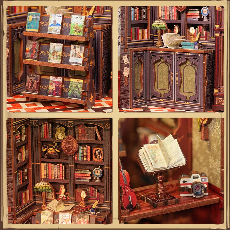Owl Bookstore Miniature Book Nook DIY Kit with LED Lighting