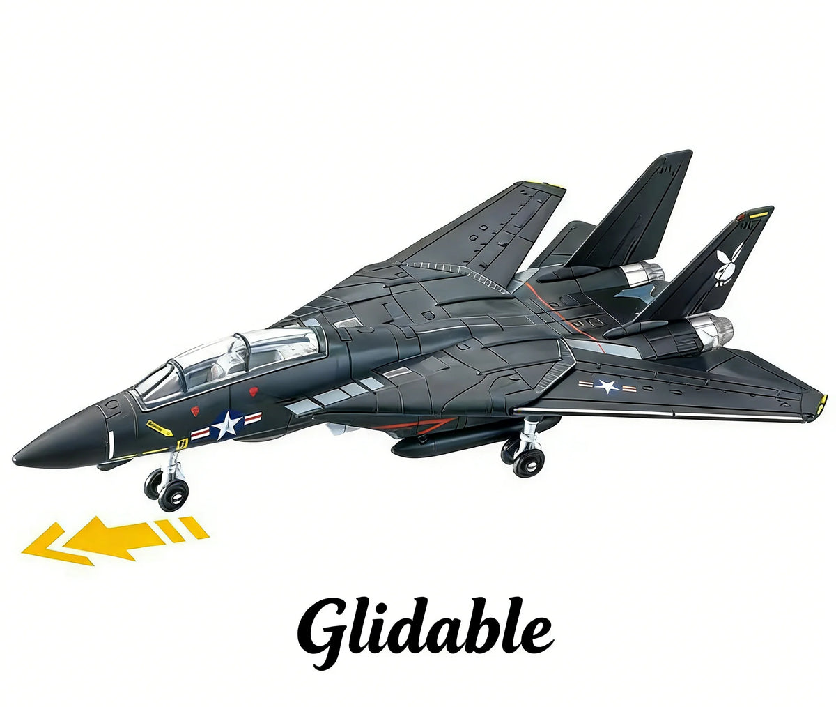 A black military fighter jet model kit with a clear canopy is shown in flight, labeled as glidable.