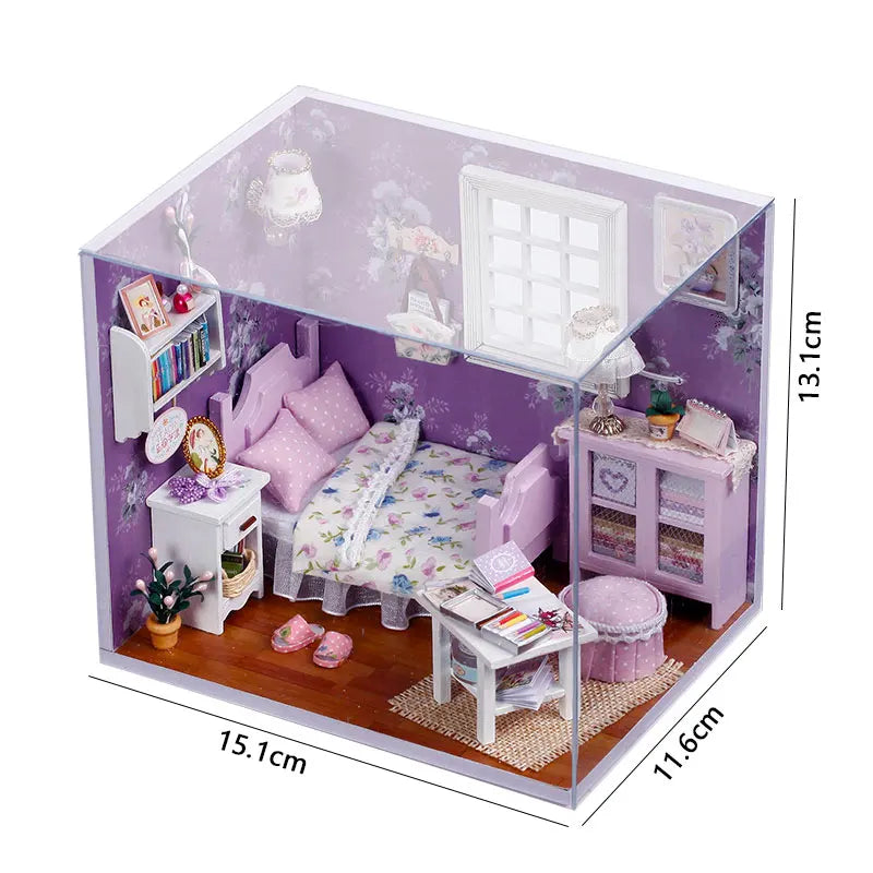 A wooden miniature dollhouse kit featuring pink and purple furniture, including beds, shelves, and decorative items.
