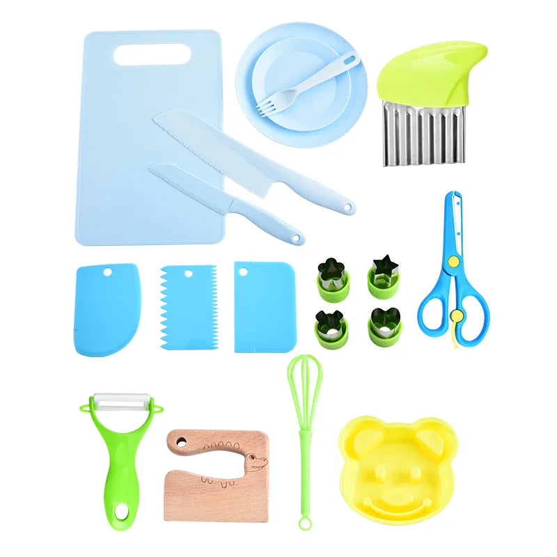 A set of safe plastic play knives and tools including a blue cutting board, various plastic knives, a yellow spatula, and gre