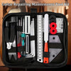 A black zippered kit containing various tools and accessories for guitar repair and maintenance.