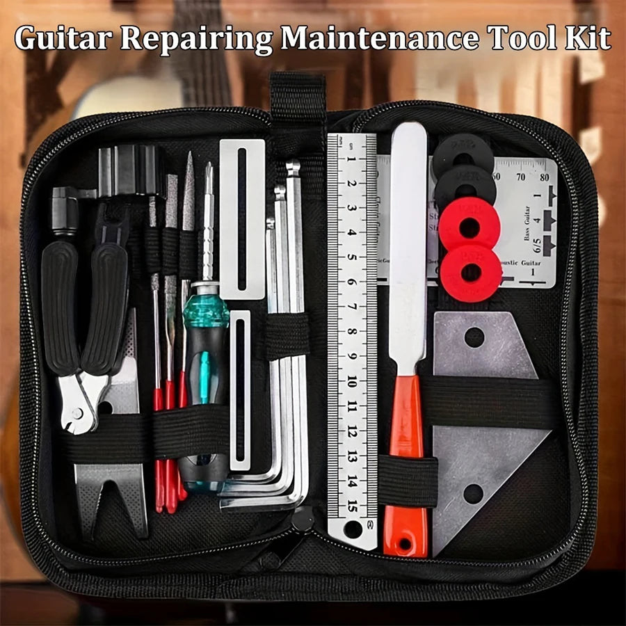 A black zippered kit containing various tools and accessories for guitar repair and maintenance.