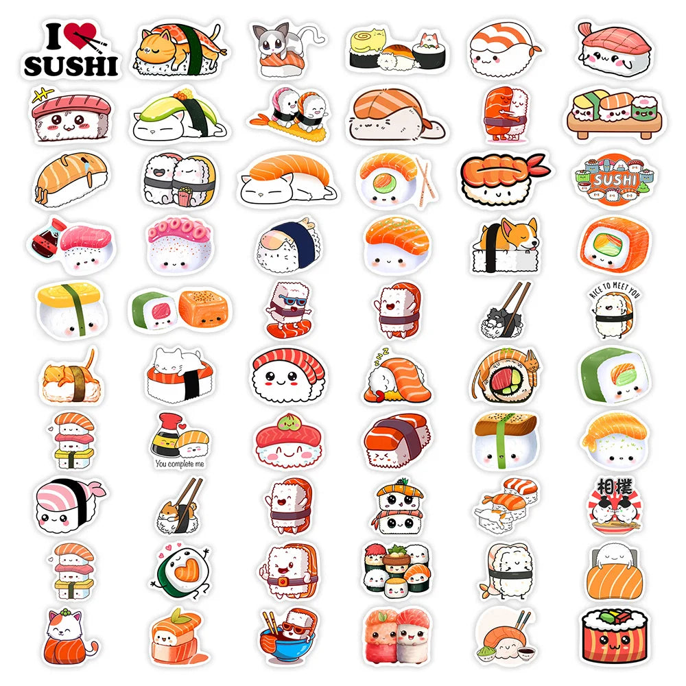 A collection of kawaii sushi decal stickers featuring various types of sushi rolls and ingredients.