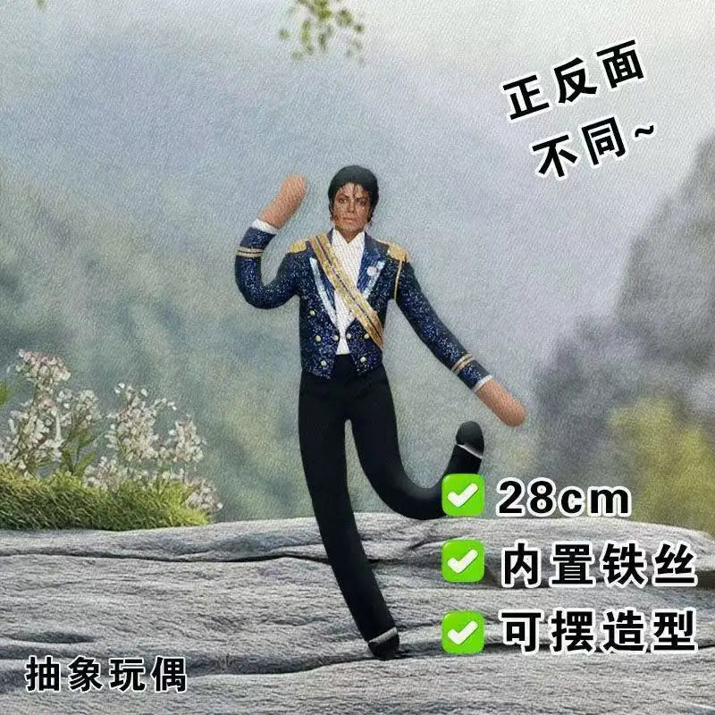 A plush doll dressed in a blue and gold suit stands on a rock, demonstrating its bendable feature.
