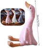 A pink long neck goose plush doll standing upright with a measurement scale showing its height.