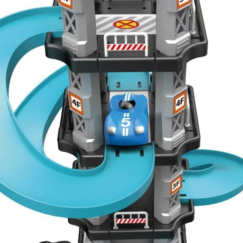 A multi-level race car track set featuring a parking garage structure with blue and gray components.