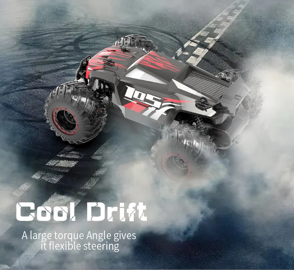 A red and black 1:18 scale off-road RC monster truck drifting on a dark track with smoke effects.