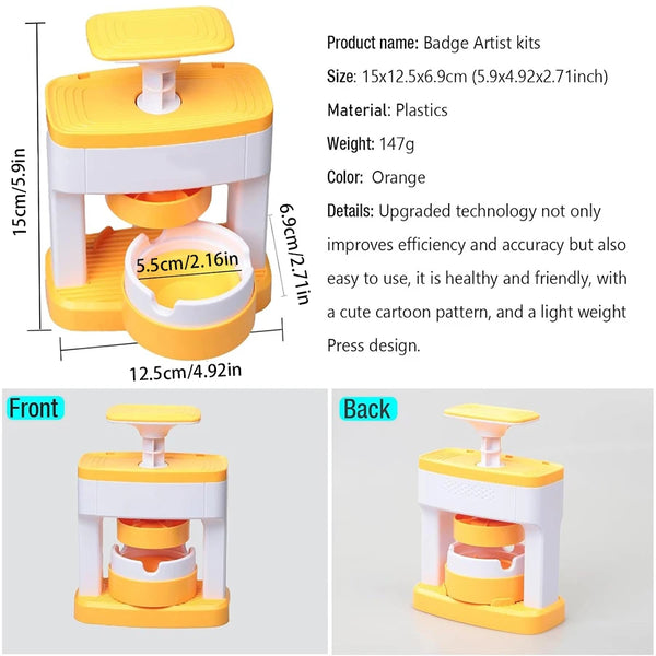 Orange badge artist kit showing the press design and components from front and back views.