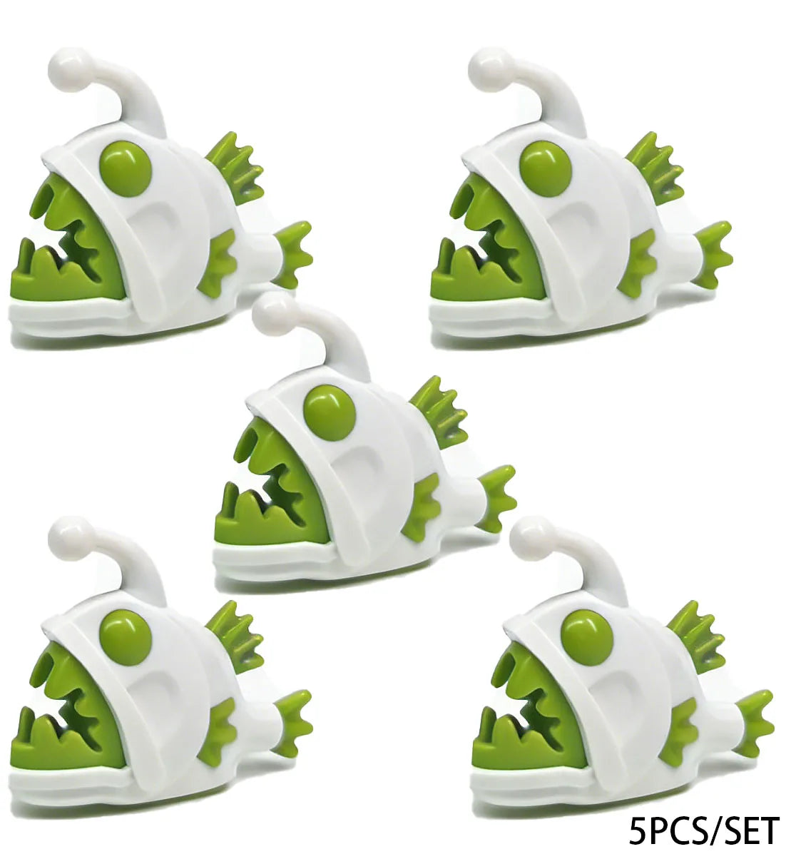Five white marine animal building blocks including a shark, octopus, and whale