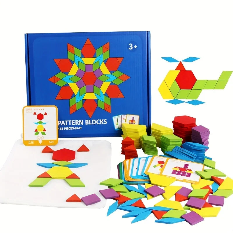 155-Piece Wooden Jigsaw Puzzle Set for Kids – Colorful Montessori Geometric Shapes Learning Toy