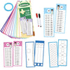 A set of colorful math flash cards for addition practice, including number lines and grids.
