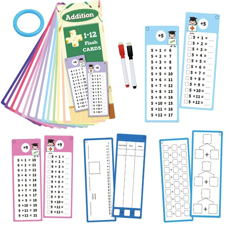 A set of colorful math flash cards for addition practice, including number lines and grids.