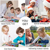 Images showing various activities like family time, birthday gifts, and outdoor games using a 100-piece animal and dinosaur j