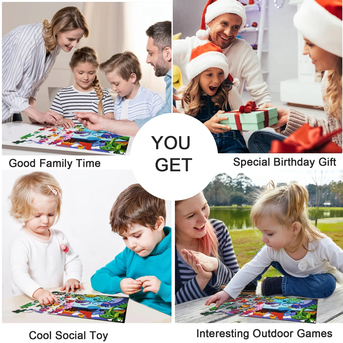 Images showing various activities like family time, birthday gifts, and outdoor games using a 100-piece animal and dinosaur j