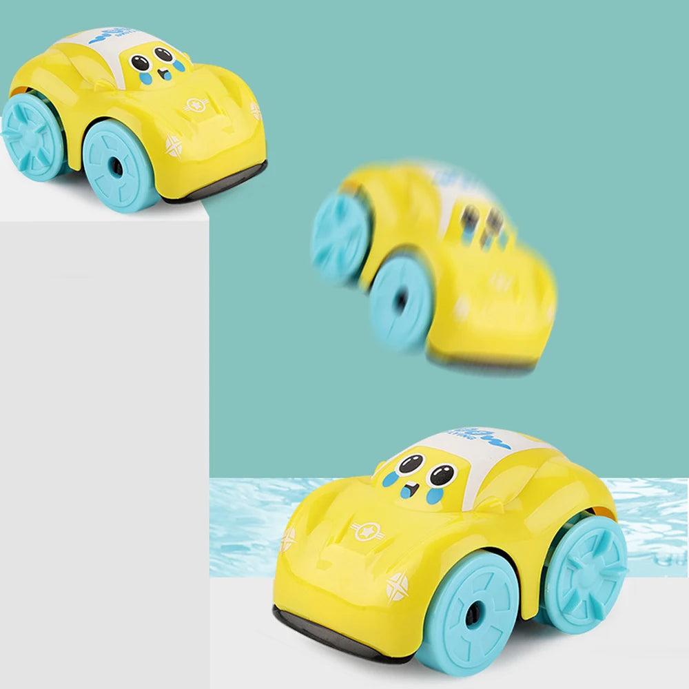 Yellow and blue clockwork duck bath toy car in various angles