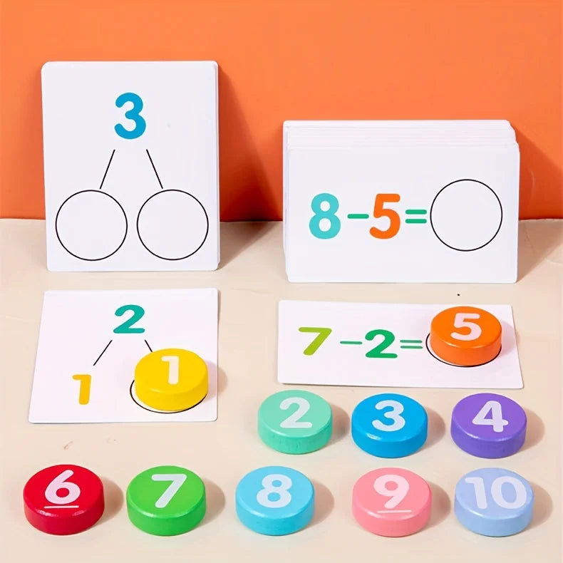 Collection de cartes mathématiques numériques colorées montrant des problèmes d'addition et de soustraction comme 8-5=}