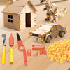 Cardboard construction kit for kids featuring a house model, tools like a hammer and knife, and storage box.