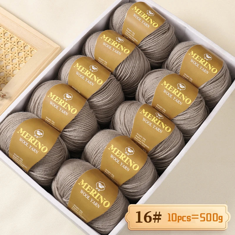 Box of 10 balls of Merino wool yarn labeled as 16# with a total weight of 500g