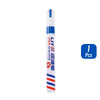 A single permanent paint marker with a white and blue body and red stripes, packaged for rubber, fabric, and metal.