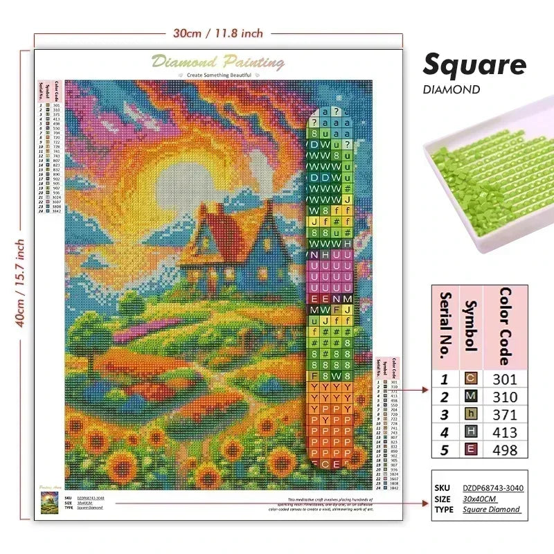 Diamond painting kit featuring a colorful scene of a house and landscape on a square diamond canvas