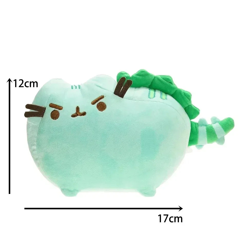 A light mint green plush cat doll with green accents and facial features, shown from the front.