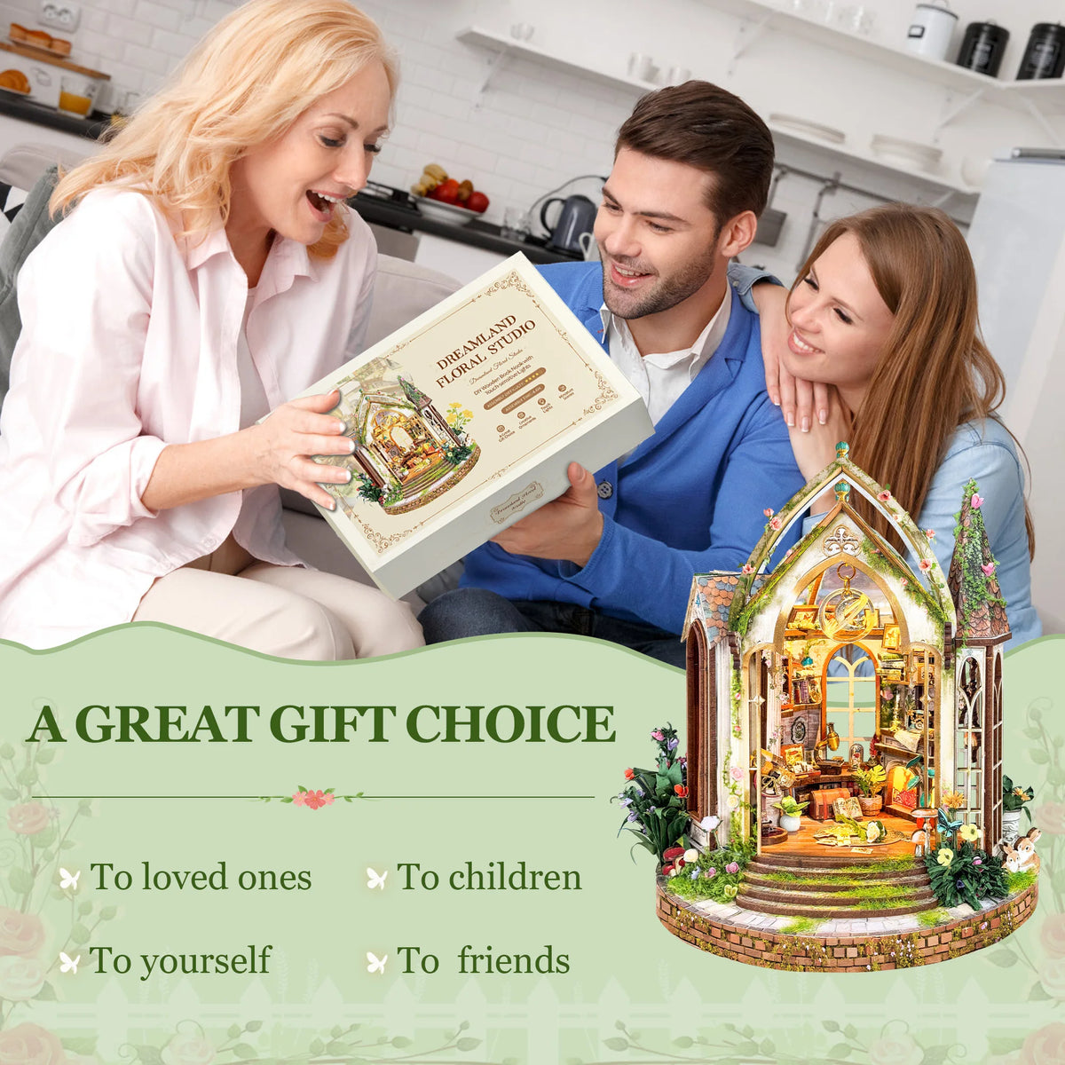 A woman and a man look at a DIY wooden floral book nook kit with LED light, suggesting it is a great gift choice.