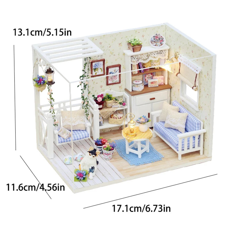 DIY Miniature Wooden Dollhouse Kit with LED Lighting