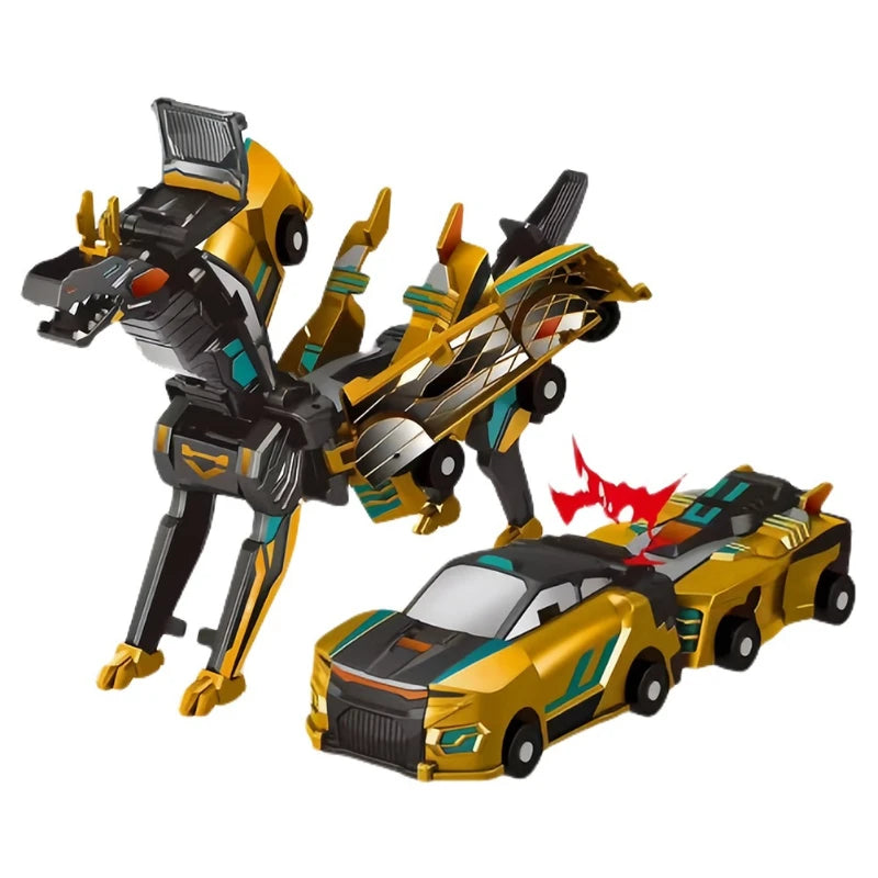 A yellow and black transforming dinosaur car set with magnetic connectors.