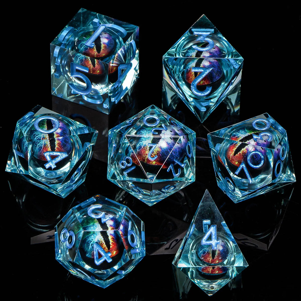 Dragon Eye Resin Dice Set with Liquid Core - 7 Polyhedral Dice for RPG Gaming