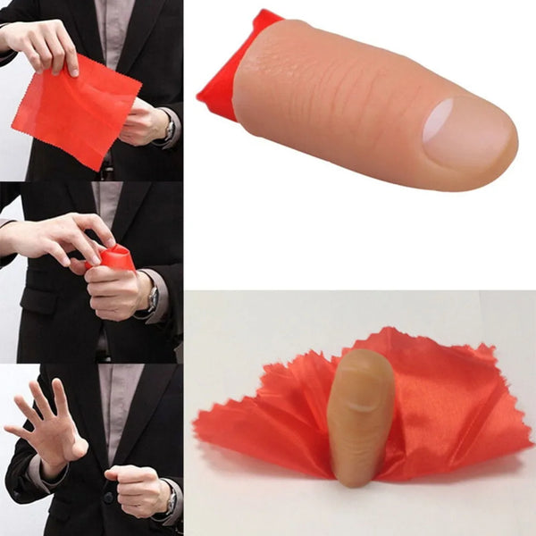 Fingertrick-Requisite mit einem rötlich-orangefarbenen Silikonfinger und einem roten Seidenblatt.