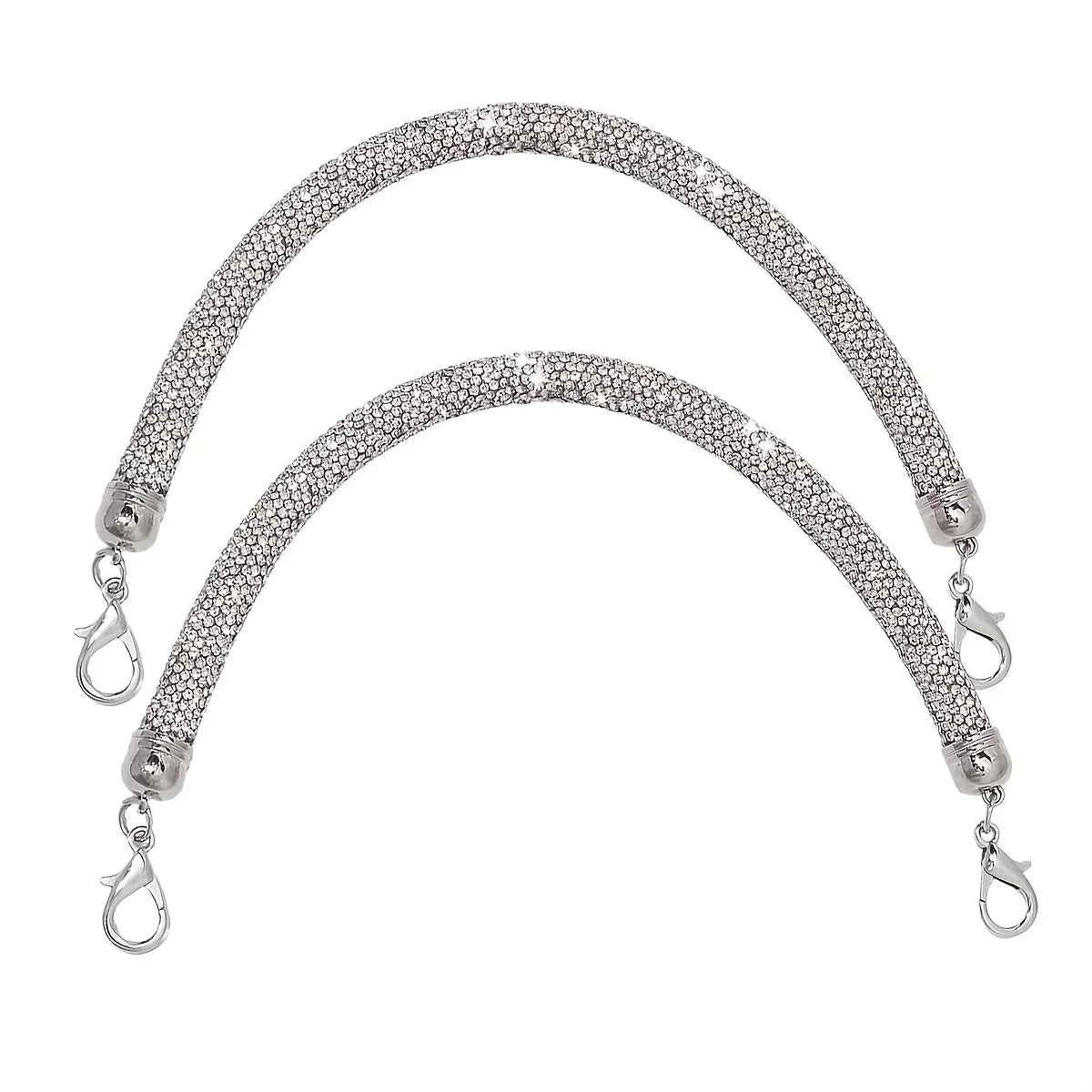 A sparkling rhinestone purse strap for handbags, featuring a curved design and dangling charms.