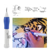 A punch needle embroidery kit showing the tool, various stitch examples, and a hand working on a tiger-themed piece.