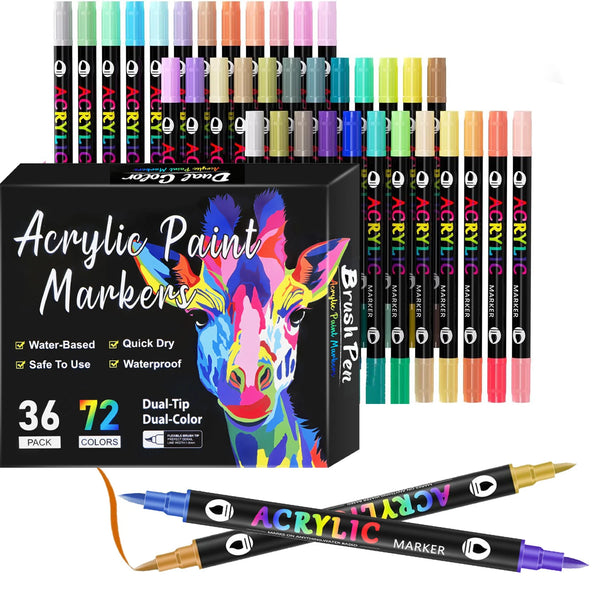 A set of dual-tip acrylic paint markers in various colors packaged in a box with individual markers displayed.