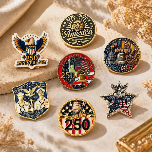 A set of patriotic lapel pins featuring American eagle and flag designs celebrating the 250th anniversary.