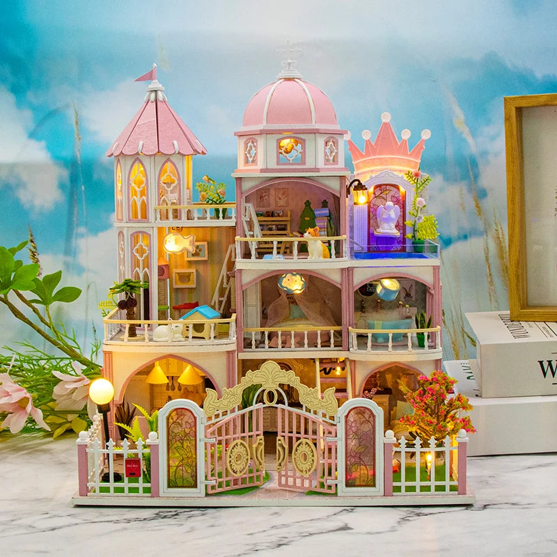 A detailed wooden dollhouse kit of a Windsor castle featuring multiple floors, LED lighting, and decorative furniture.