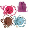 A set of crochet dumpling bag hardware including pink, purple, and blue fabric bags with adjustable straps.