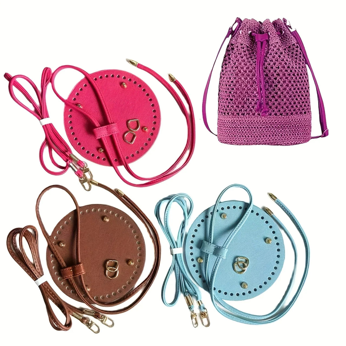 A set of crochet dumpling bag hardware including pink, purple, and blue fabric bags with adjustable straps.