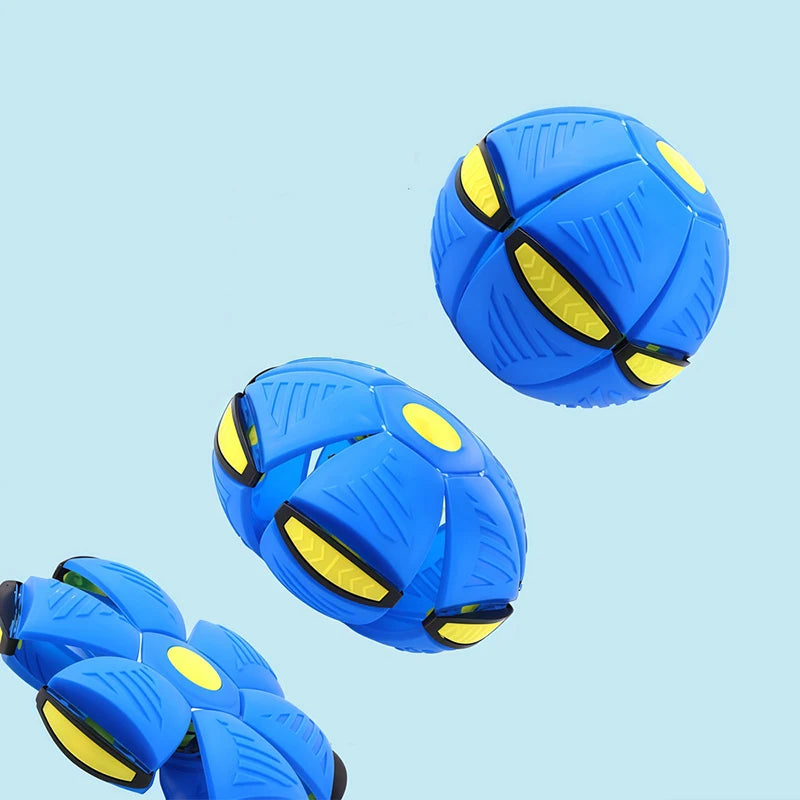 Blue Squeeze-and-Throw Flying Saucer Ball with yellow accents shown from above