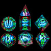 A collection of seven sharp edge resin dice in various colors and angles for tabletop role-playing games