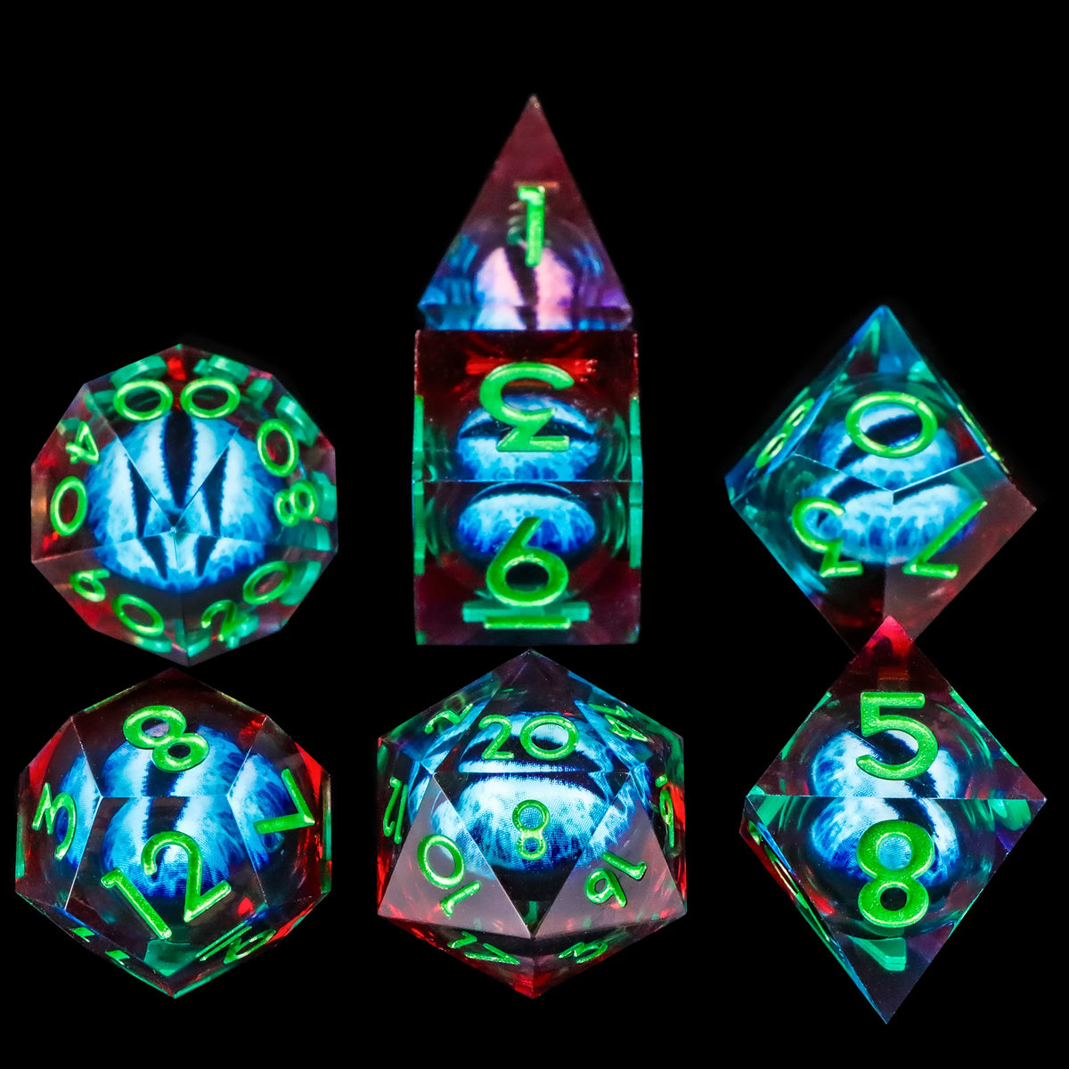 A collection of seven sharp edge resin dice in various colors and angles for tabletop role-playing games