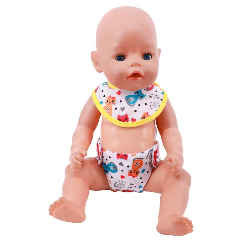 A baby doll with light skin and blue eyes wearing a patterned soft underwear set.
