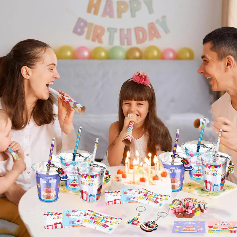 A birthday party setup showing a child and an adult preparing goodie bags with cups, stickers, and pencils.